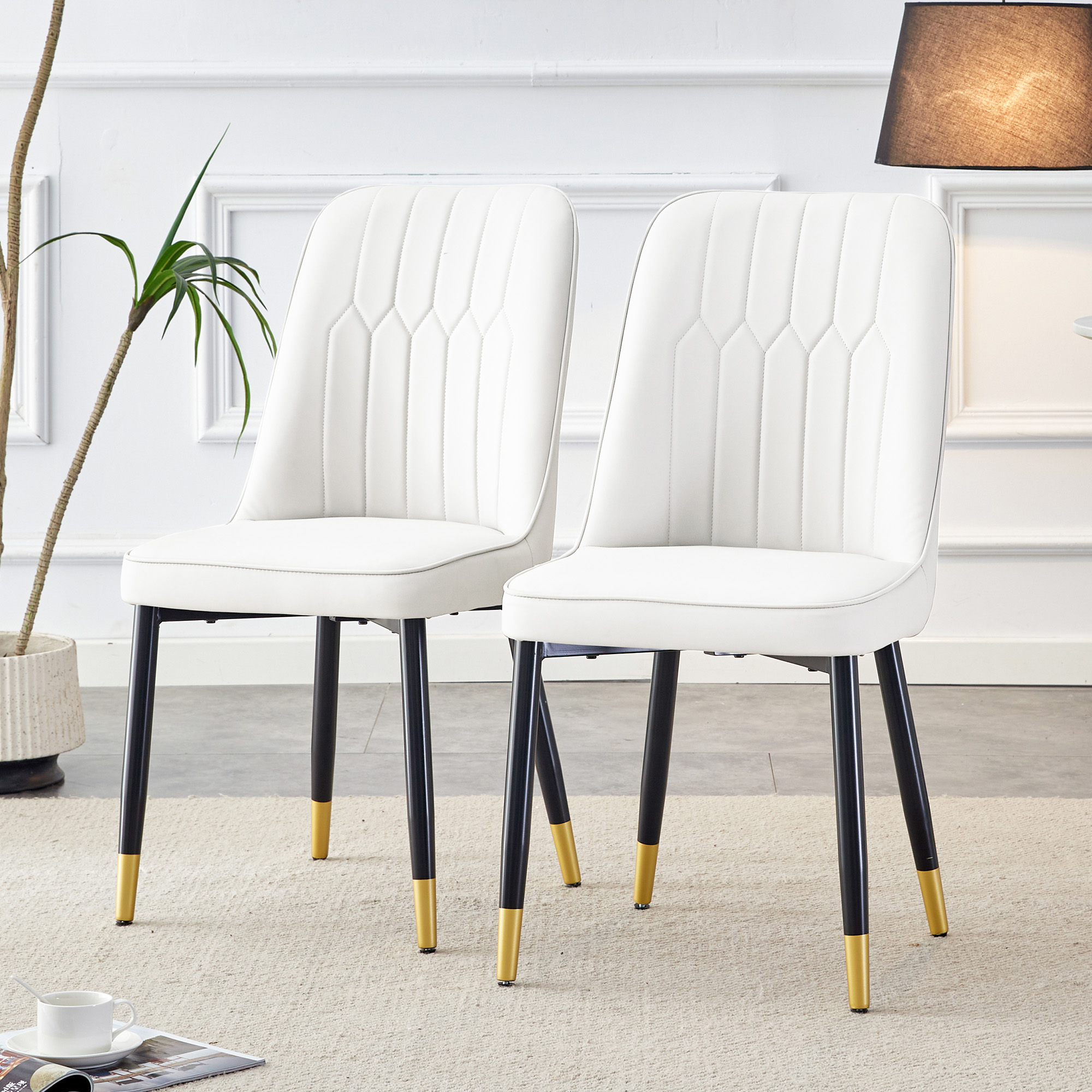 OKWISH White PU Dining Chairs Set with Black Metal Legs