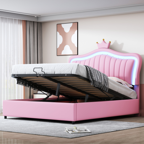 hydraulisches Stauraumbett, aus PU-Leder mit LED-Leuchten, Lattenrost und Rückenlehne 