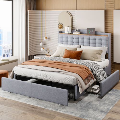 Polsterbett, Nachttisch mit USB-Ladeanschluss und Ablage, Doppelflachbett mit 4 Schubladen