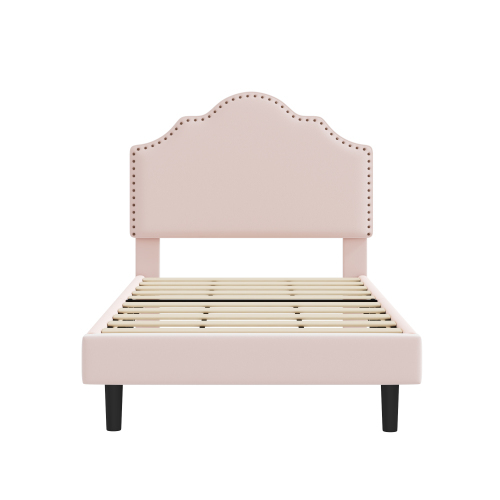 Elegantes, geschwungenes rosafarbenes Einzelbett, verziert mit exquisiten Nieten-OKWISH