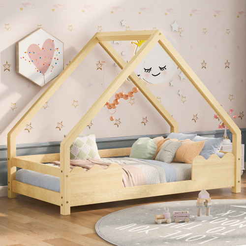 Hausbett Kinderbett mit Rausfallschutz Spielbett Jugendbett Massivholz in Natur