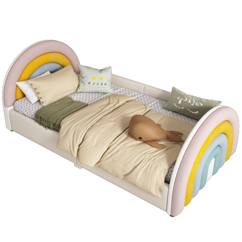 Kinderbett, Polsterbett, Regenbogenform, Lattenrost hochklappbar, großer Stauraum, Regenbogenfarbe 