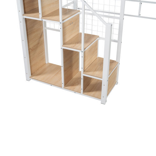 Hochbett mit Sicherheitsleiter Kinderbett mit Eisenrahmen und Ablagefläche, Jugendbett, Einzelbett