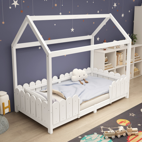 Hausbett 90x200 cm - vielseitiges Holz Kinderbett für Jungen & Mädchen - Mit Rausfallschutz und Lattenrost – Weiß (Ohne Matratze) 