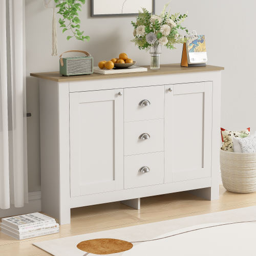 Warmweißer Holz-Sideboard mit 2 Türen und 3 Schubladen – Mit Silbernen Griffen, Verstellbarem Regal und Soft-Close-Scharnieren – 116 cm Lang x 35 cm Breit x 81 cm Hoch 