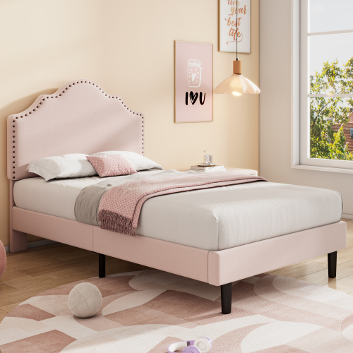 Elegantes, geschwungenes rosafarbenes Einzelbett, verziert mit exquisiten Nieten-OKWISH