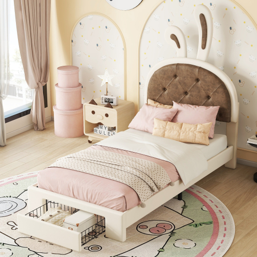 90*200cm Kinderbett, Flachbett, Cartoon Hasenform, Bettkasten, PU Material