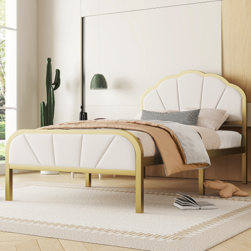 Eisenrahmenbett, Flachbett, wolkenähnliches Kopfteil, goldener Rahmen, minimalistisches Design