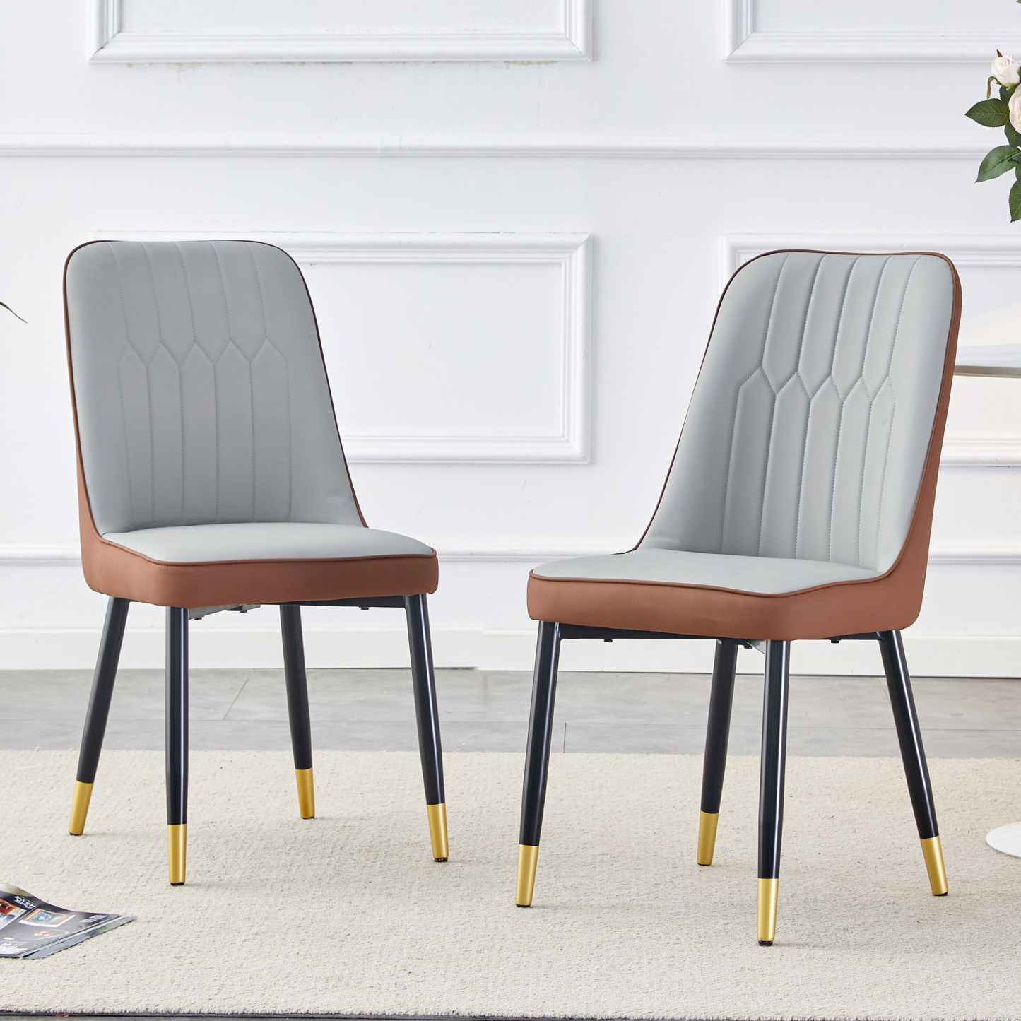 OKWISH Set of 2 Dining Chairs in Two-Tone PU Leather