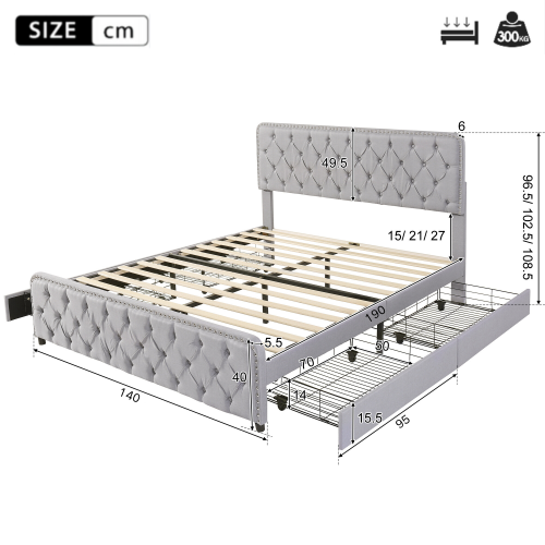 Gepolstertes Doppelbett mit vier Schubladen-OKWISH