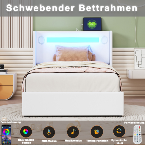 Mit LED-Lichtleiste, Bluetooth-Player und USB-Aufladung, Stauraumbett aus PU-Leder, Hochbettkasten
