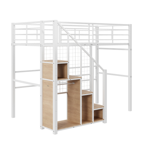 Hochbett mit Sicherheitsleiter Kinderbett mit Eisenrahmen und Ablagefläche, Jugendbett, Einzelbett