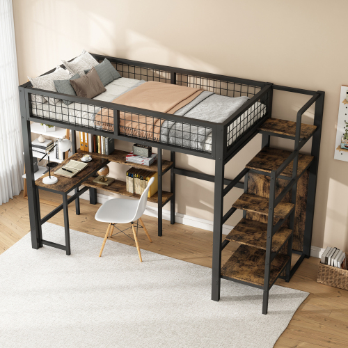 90*200cm Hochbett, Eisenbett, Untertisch, mehrere Einlegeböden, Einbauschrank