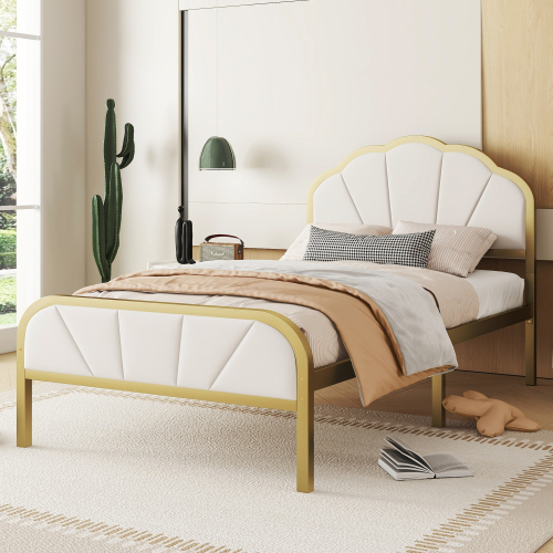 Eisenrahmenbett, Flachbett, wolkenähnliches Kopfteil, goldener Rahmen, minimalistisches Design