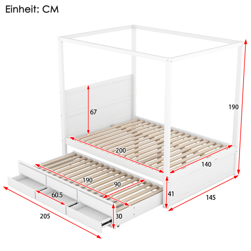 140 x 200 Himmelbett, Pritsche mit ausziehbarem Einzelbett und drei Ablagefächern