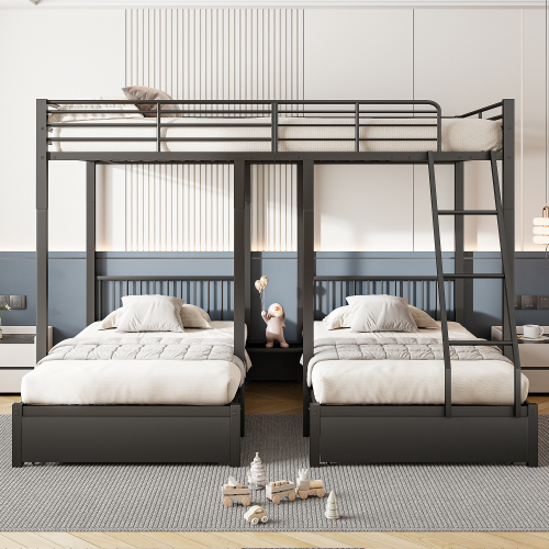 Dreifaches Etagenbett mit Schubladen, Metallbettrahmen, multifunktionales Metallrahmenbett 