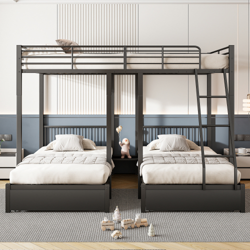 Dreifaches Etagenbett mit Schubladen, Metallbettrahmen, multifunktionales Metallrahmenbett 