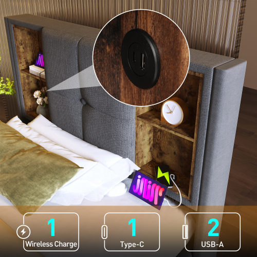 Doppelbett mit Kabellosem Laden USB , Bettgestell mit Stauraum Lattenrost aus Holz-Grau Baumwolle 