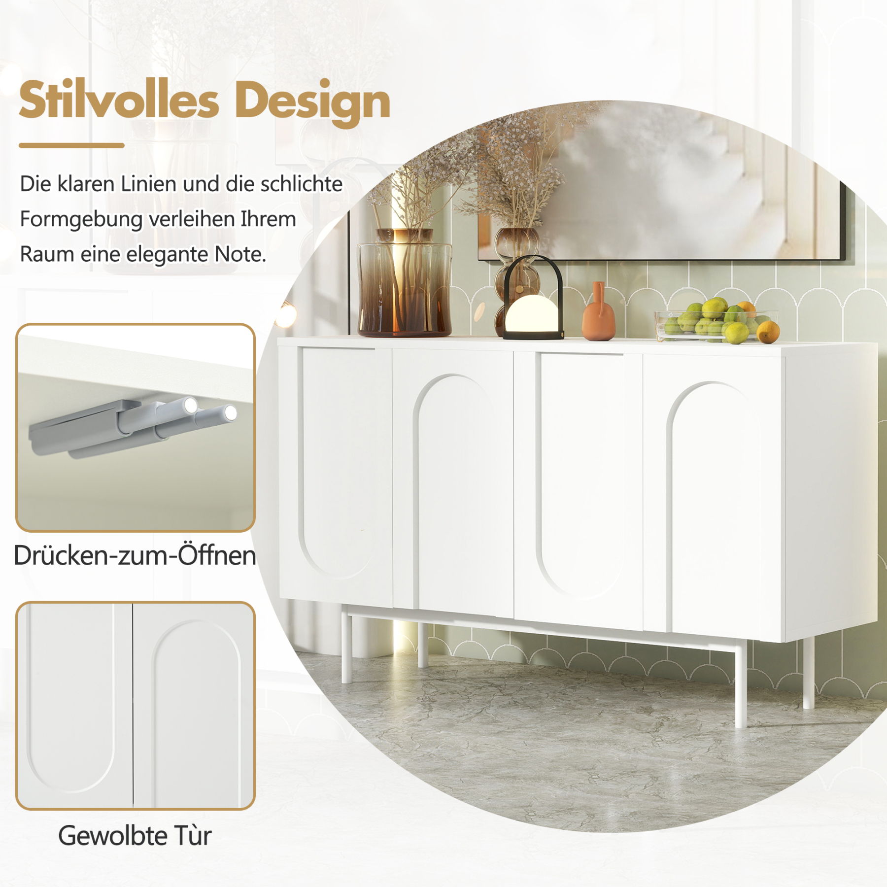 Buffet Bahut Moderne 120×35×71cm - OKWISH - 4 Portes, Espace de Rangement et Plateau Réglable - Blanc - Contemporain