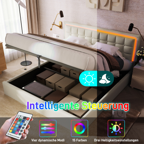 Polsterbett mit Lattenrost und Stauraum Doppelbett inkl. LED-Beleuchtungsleiste Bettg