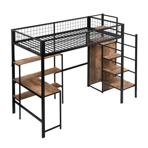 90*200cm Hochbett, Eisenbett, Untertisch, mehrere Einlegeböden, Einbauschrank