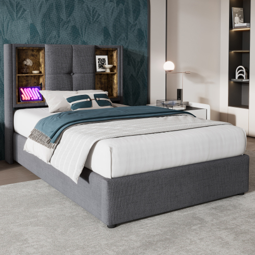 Doppelbett mit Kabellosem Laden USB , Bettgestell mit Stauraum Lattenrost aus Holz-Grau Baumwolle 