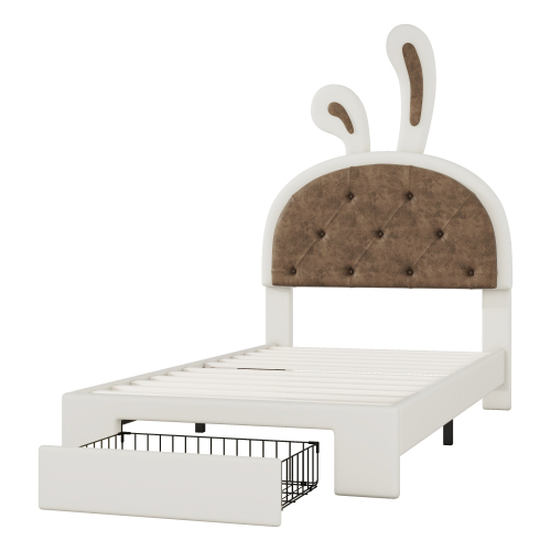 90*200cm Kinderbett, Flachbett, Cartoon Hasenform, Bettkasten, PU Material