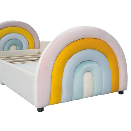 Kinderbett, Polsterbett, Regenbogenform, Lattenrost hochklappbar, großer Stauraum, Regenbogenfarbe 