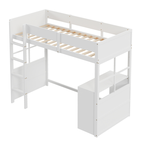 Hochbett aus Holz 90*200cm, Sicherheitstreppe, mit Tisch, hohes Zaundesign, Einzelbett, Kinderbett