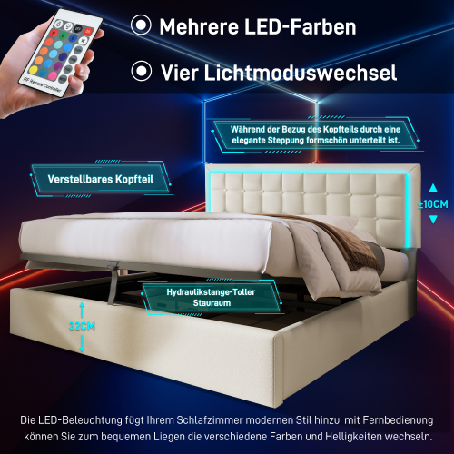 Polsterbett mit Lattenrost und Stauraum Doppelbett inkl. LED-Beleuchtungsleiste Bettg