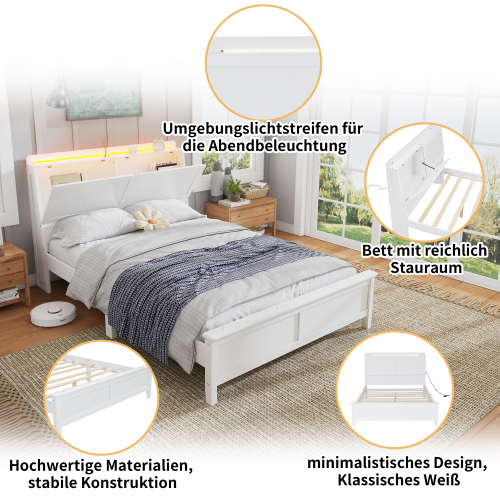 Doppelbett, Offenes Regal, Ablagefach mit herunterklappbarer Tür, Mit Umgebungslichtstreifen, Warmgelber Lichtstreifen, Flachbetten, Heranwachsende und Erwachsene, 140x200cm 