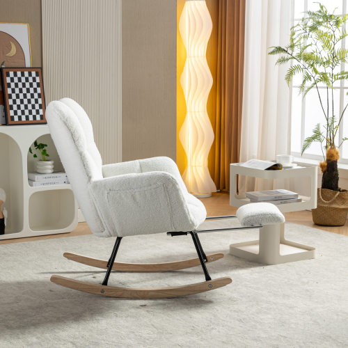 New Modern Teddy Fabric Tufted Upholstered Rocking Chair with pull-out footrest
