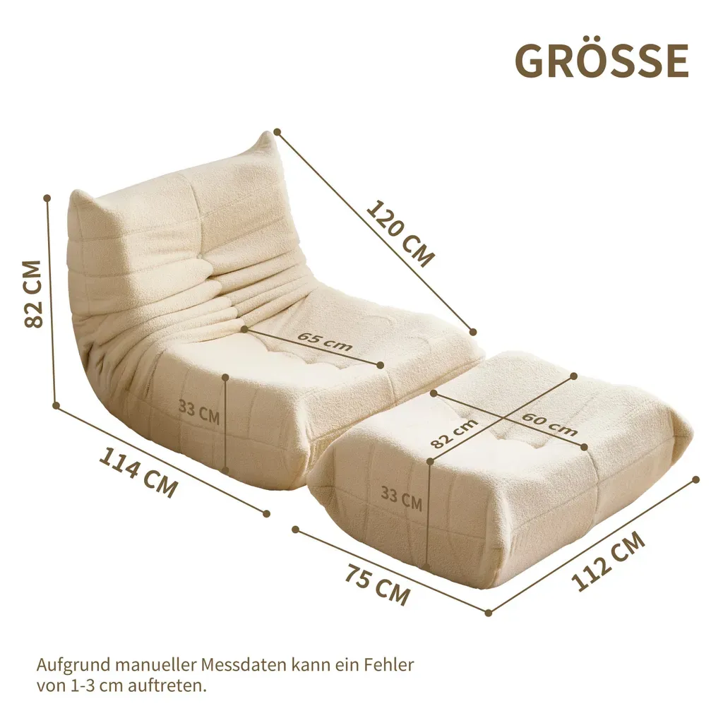 Relax Sessel Sofa Set – Faltbares Schlafsofa mit Rückenlehne & Fußstütze aus Teddystoff, Beige, für Wohnzimmer & Meditation