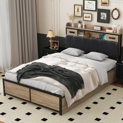 Metallbett, Hydraulikbett,Jugendbetten,mit Stauraum-Kopfteil und Metall Lattenrost, Ohne Matratze