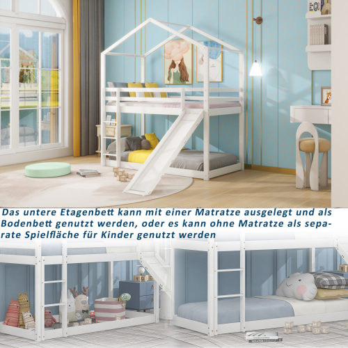 Kinderbett Hausbett, Niedriges Etagenbett mit Rutsche, Massivholz-Etagenbettrahmen mit Lattenrost 