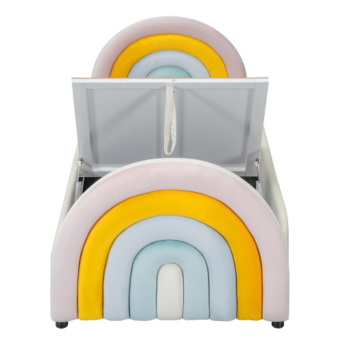 Kinderbett, Polsterbett, Regenbogenform, Lattenrost hochklappbar, großer Stauraum, Regenbogenfarbe 