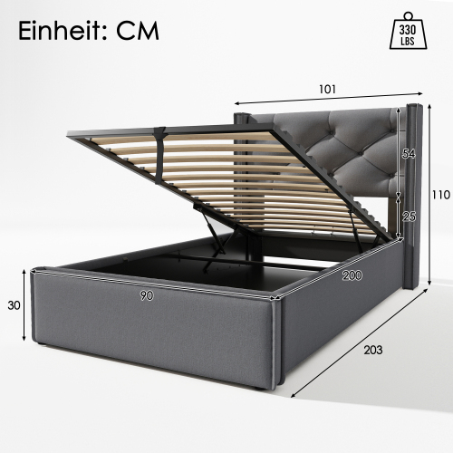 Hydraulisch Doppelbett Polsterbett,Bett mit Lattenrost aus Metallrahmen