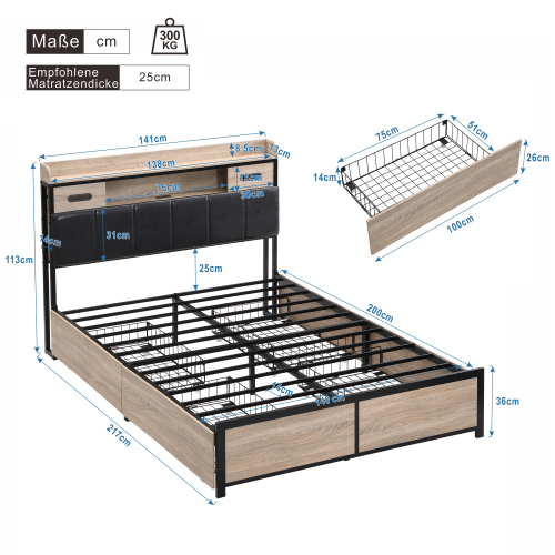 Metallbett, Hydraulikbett,Jugendbetten,mit Stauraum-Kopfteil und Metall Lattenrost, Ohne Matratze