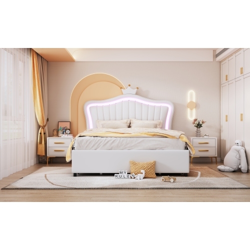 Einzelbettgestell aus PU-Leder mit Stauraumschubladen, LED-Leuchten, Lattenrost und Rückenlehne 