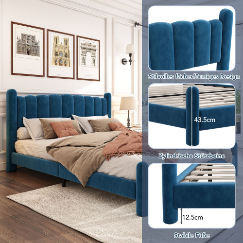 Polsterbett mit Lattenrost und Kopfteil, Stilvolles fächerförmiges Kopfteil, Zylindrische Stützbeine