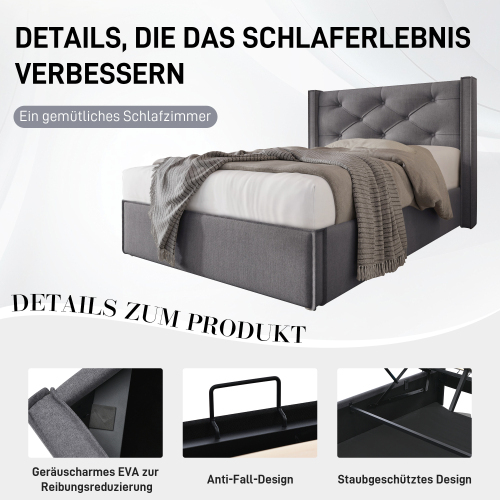 Hydraulisch Doppelbett Polsterbett,Bett mit Lattenrost aus Metallrahmen