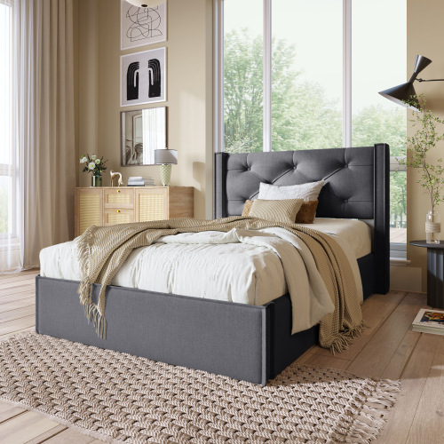 Hydraulisch Doppelbett Polsterbett,Bett mit Lattenrost aus Metallrahmen