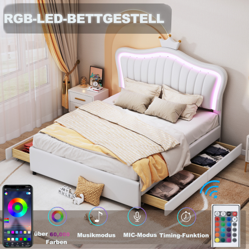 Einzelbettgestell aus PU-Leder mit Stauraumschubladen, LED-Leuchten, Lattenrost und Rückenlehne 