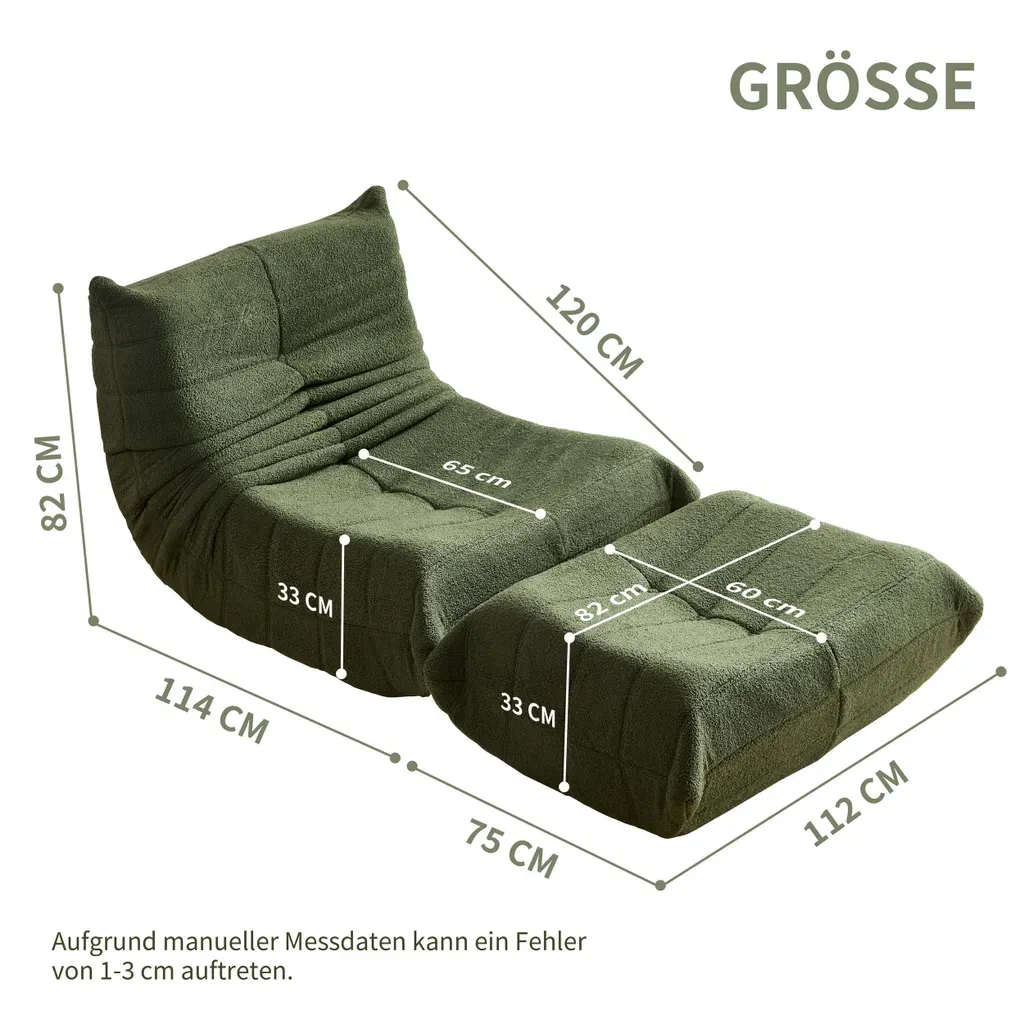Relax Sessel Sofa Set – Faltbares Schlafsofa mit Rückenlehne & Fußstütze aus Teddystoff, Grün, für Wohnzimmer & Meditation