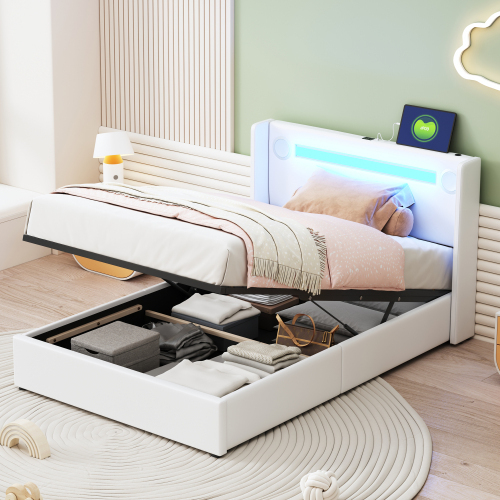 Mit LED-Lichtleiste, Bluetooth-Player und USB-Aufladung, Stauraumbett aus PU-Leder, Hochbettkasten