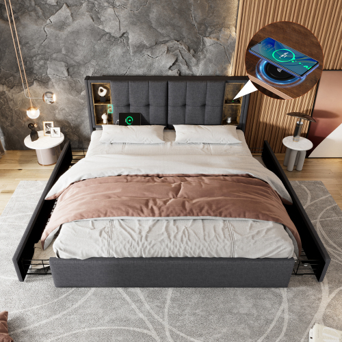 Doppelbett aus beigem Samt aus Holz-OKWISH