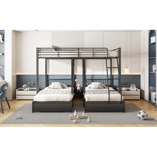 Dreifaches Etagenbett mit Schubladen, Metallbettrahmen, multifunktionales Metallrahmenbett 