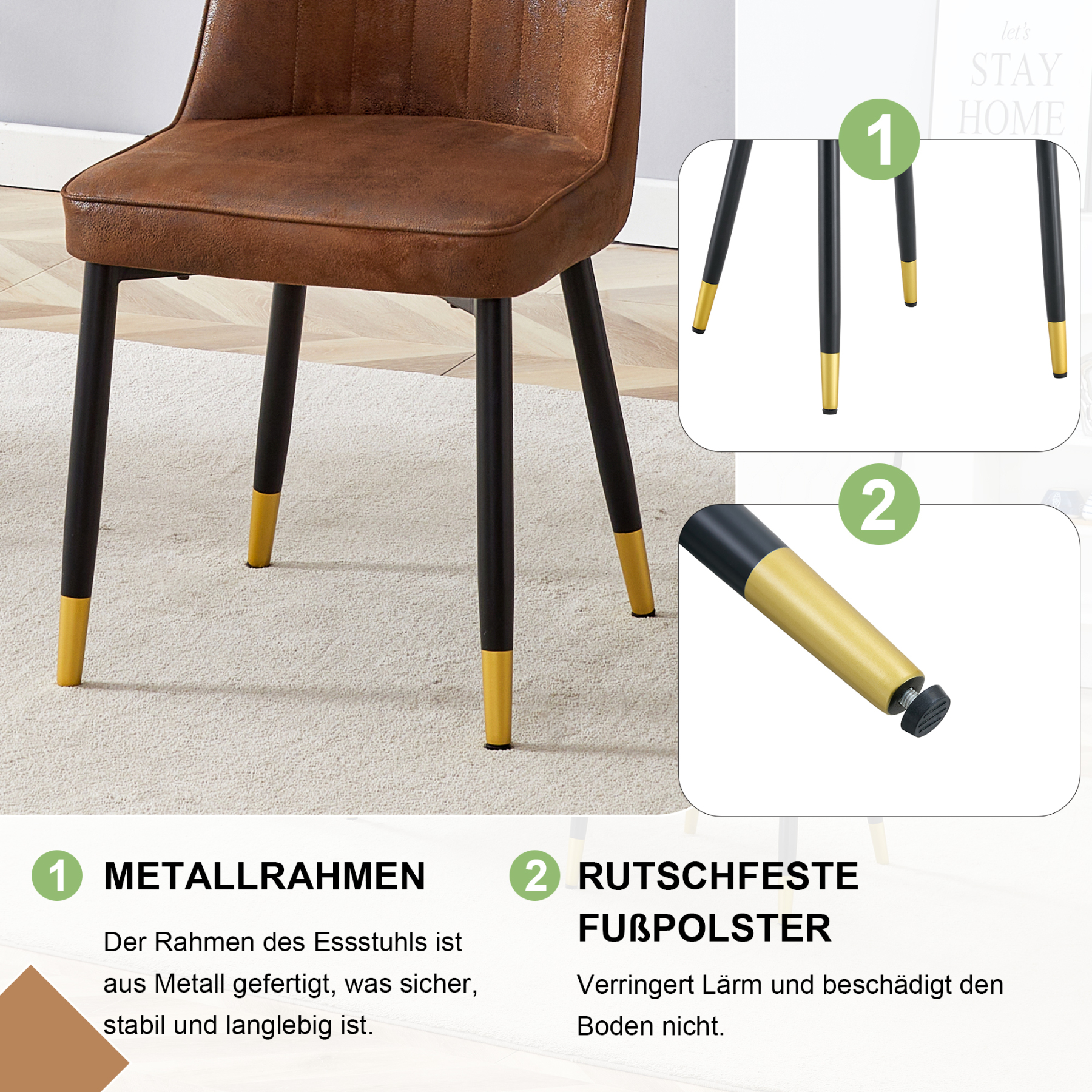 OKWISH Set of 2 Brown Dining Chairs with Metal Legs