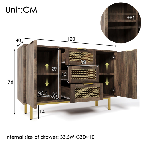 Buffet Rangement Style Rétro Avec Rotin Et Poignées Dorées – 120x40x85 Cm, 3 Tiroirs, 2 Portes, étagères Réglables (Noyer) - 13