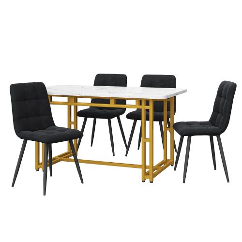 Golden Esstisch mit 4 Stühlen Set,Moderne Küche Esstisch Set, Schwarz Samt Esszimmerstühle